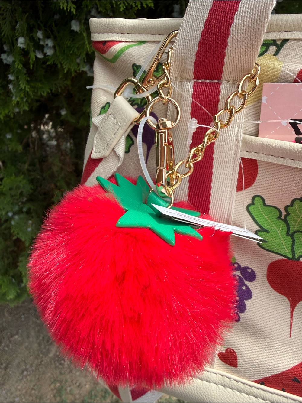 Betsey Johnson Cream Canvas Tote with Red Heart Pom and Fruit & Veggie Print - Picture 4 of 6